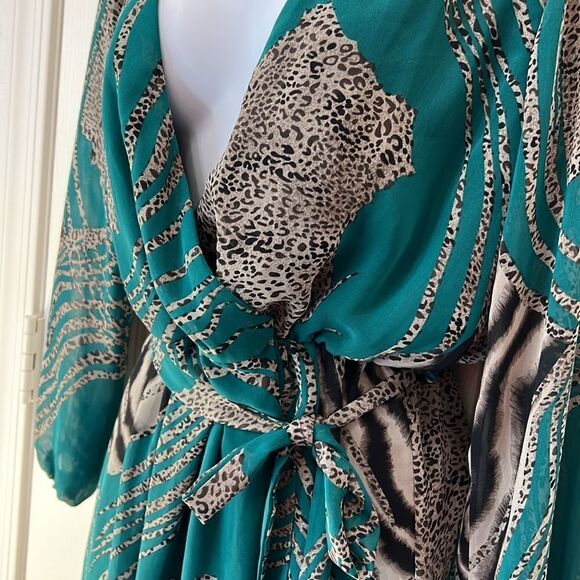 Auditions Fashion Dress V Neck Hunter Green Black Tan Animal Print Mini Belt Inc - Picture 3 of 10